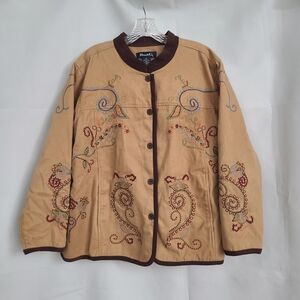 Denim & Co Sz 1X Tan Mini Corduroy Embroidered Paisley Brown Trim Jacket